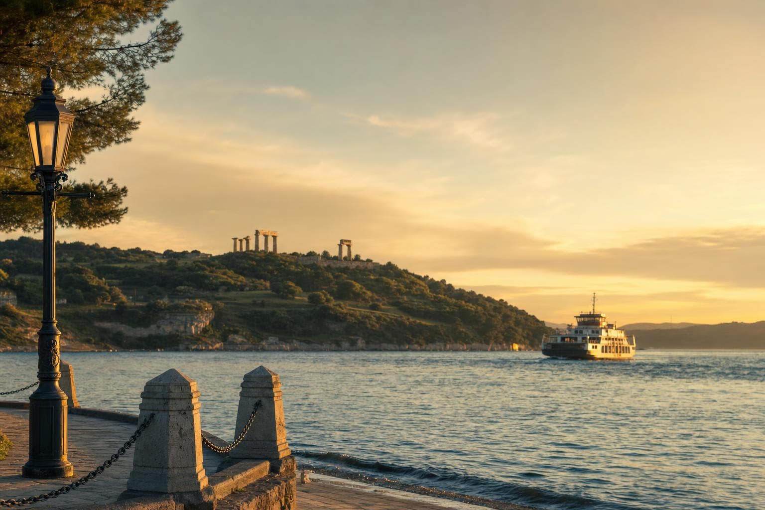 Çanakkale Boğazı’nda gün batımı, feribot ve uzakta antik sütunlar — Çanakkale gezi rehberi